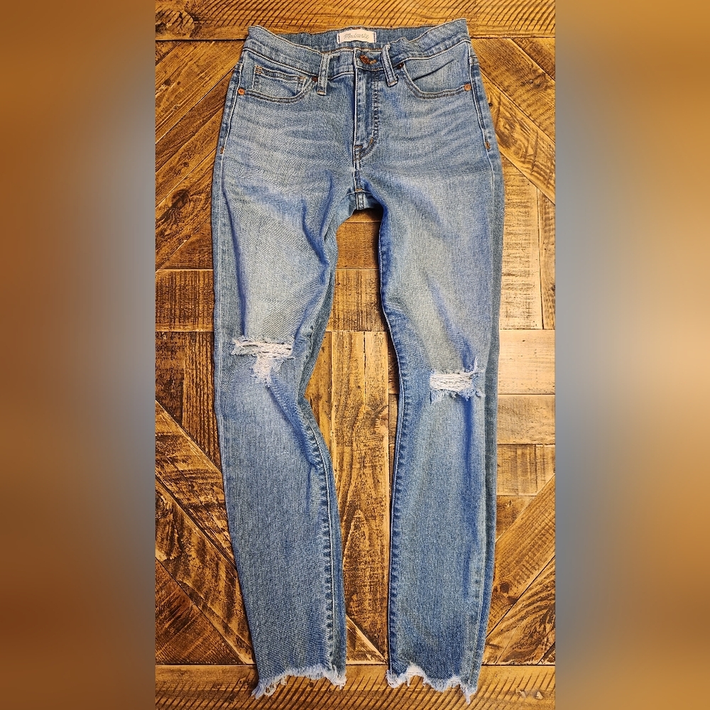 Madewell 9 Inch High Rise Skinny Jeans Distressed Knee Rips Frayed Hem Size 26